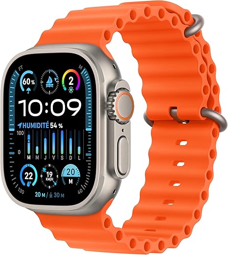 Apple Watch Ultra 2 (49 mm GPS + Cellular) Smartwatch avec boîtier en Titane Robuste et Bracelet Océan Orange. Taille S/M